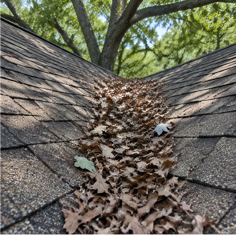 Leaves along a roof valley