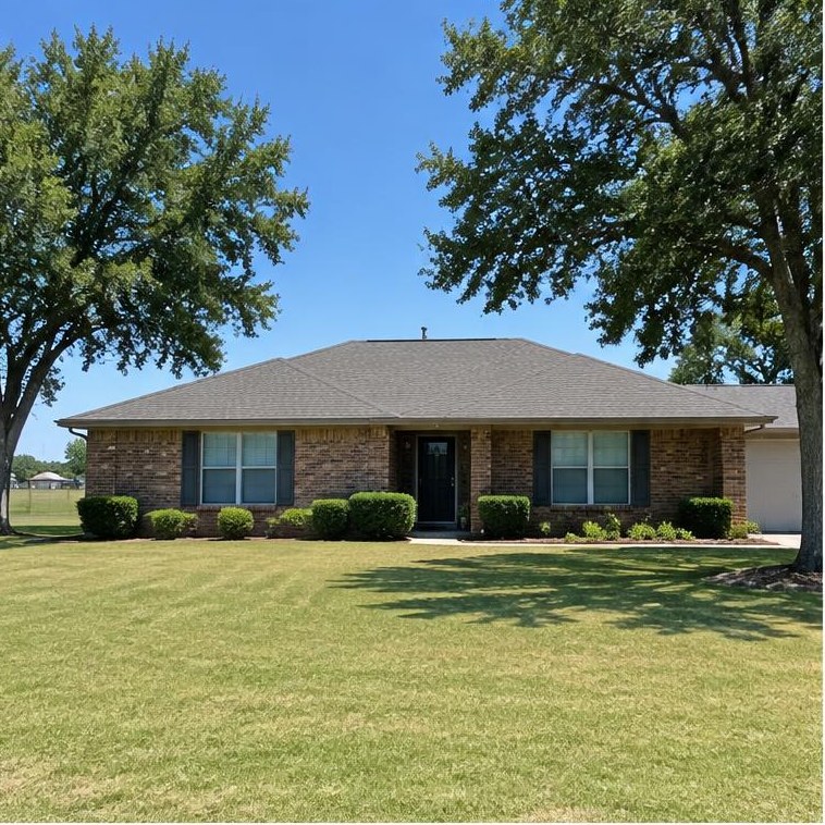 Edmond-area home example with brick or traditional siding, pitched roof and flat Oklahoma surroundings