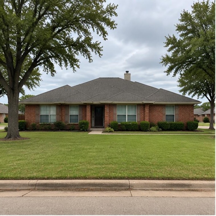 Edmond-area home example with brick or traditional siding, pitched roof and flat Oklahoma surroundings