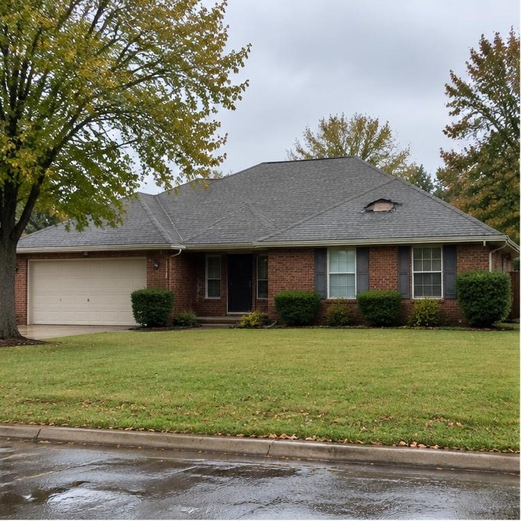 Edmond-area home example with brick or traditional siding, pitched roof and flat Oklahoma surroundings