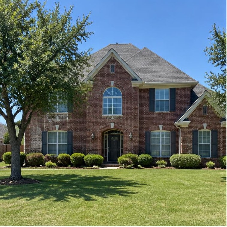 Edmond-area home example with brick or traditional siding, pitched roof and flat Oklahoma surroundings