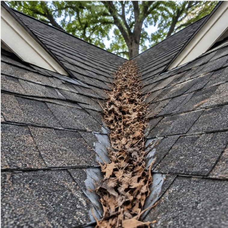 Leaves in a roof valley