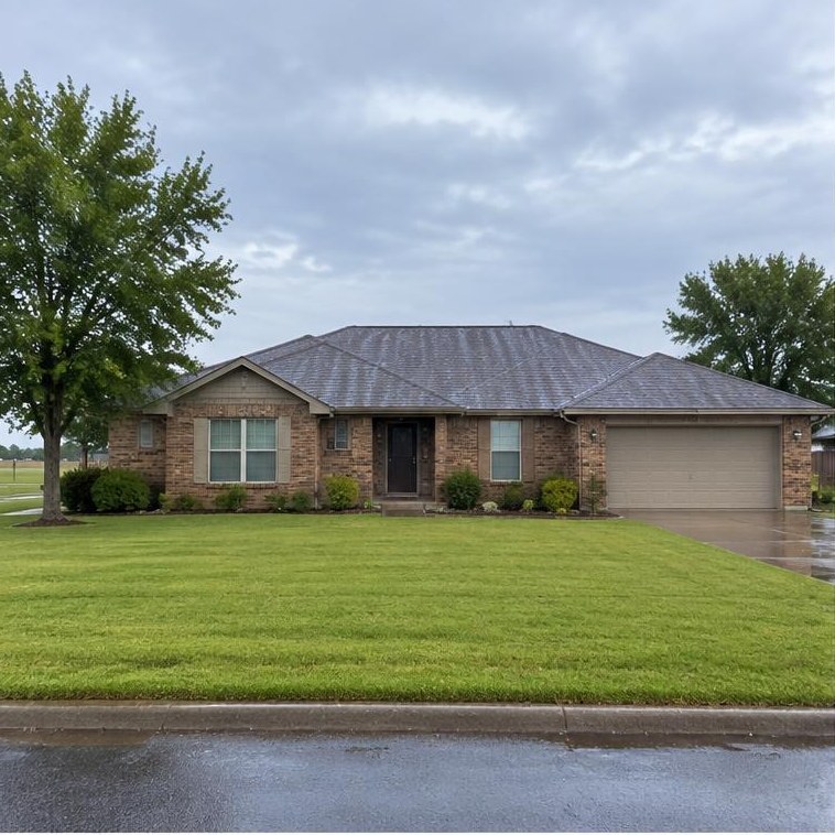 Edmond-area home example with brick or traditional siding, pitched roof and flat Oklahoma surroundings
