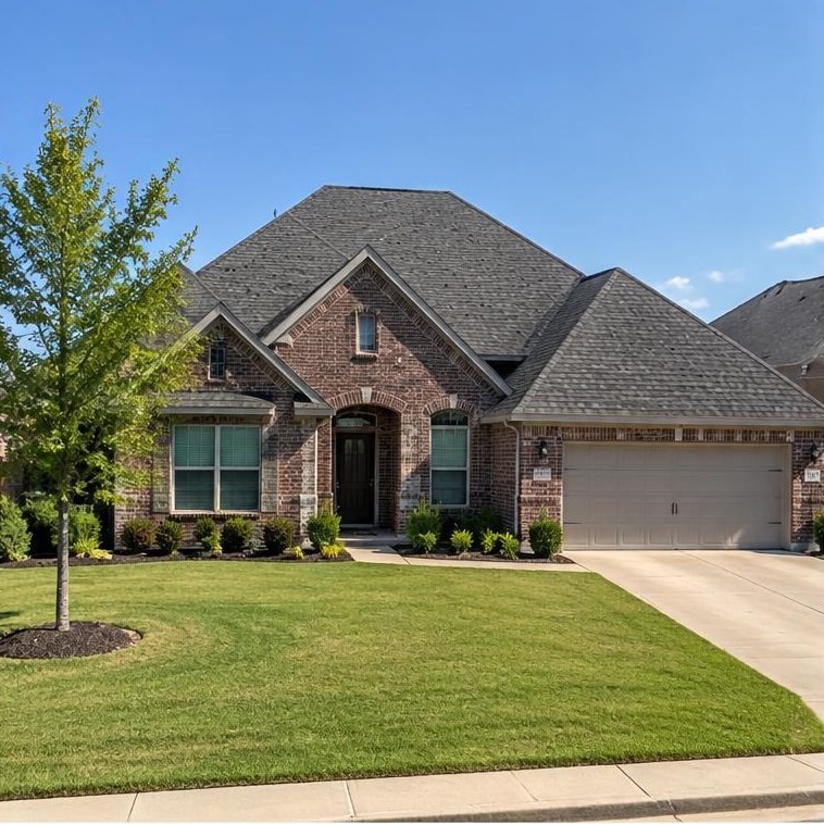 Edmond-area home example with brick or traditional siding, pitched roof and flat Oklahoma surroundings