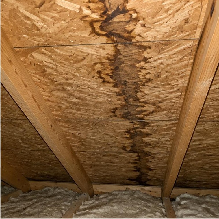 Water stains under roof decking