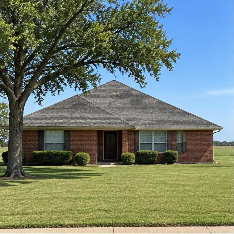 Edmond-area home example with brick or traditional siding, pitched roof and flat Oklahoma surroundings