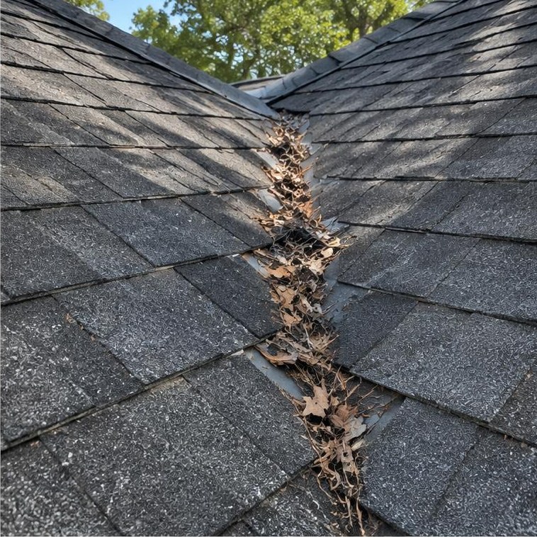 Leaves in a roof valley