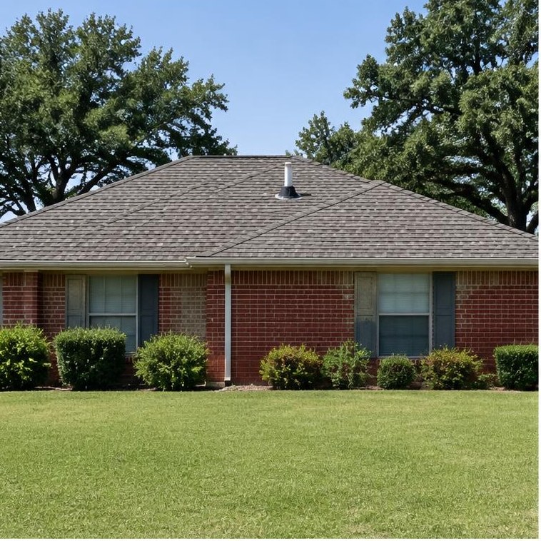 Edmond-area home example with brick or traditional siding, pitched roof and flat Oklahoma surroundings