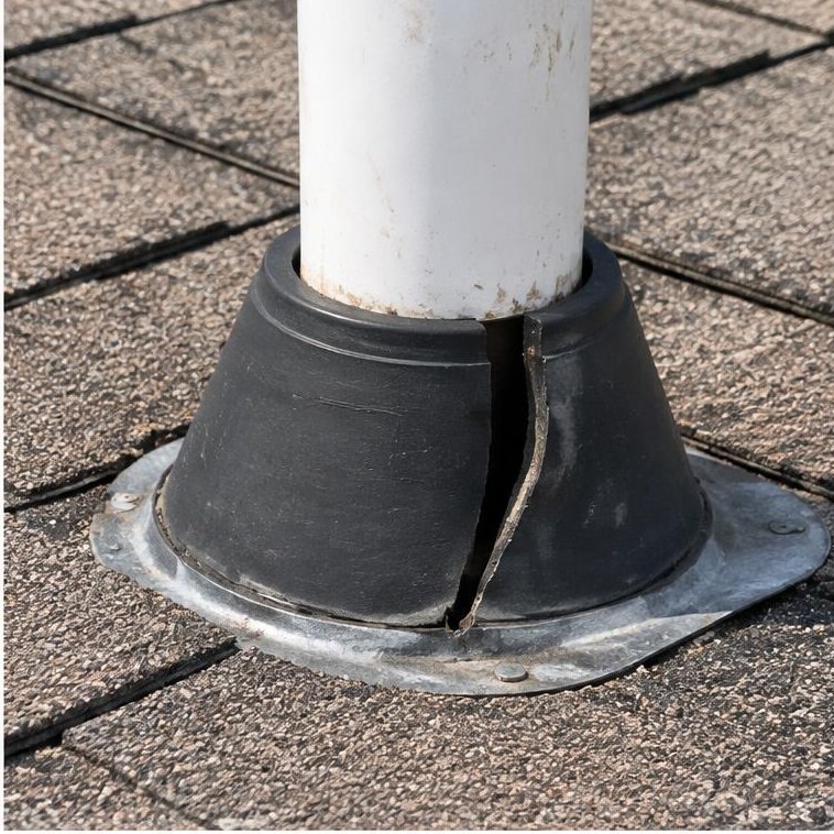 Cracked rubber pipe boot on a roof