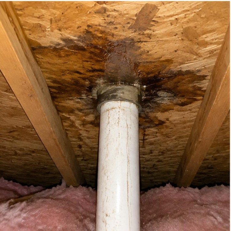 Stains on wood around a pipe