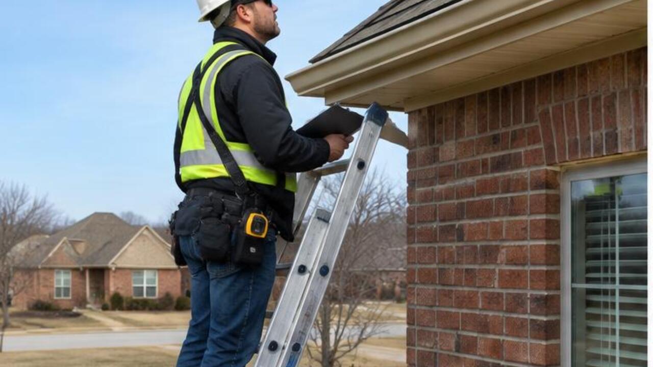Inspector on a ladder checking the eave of a brick home