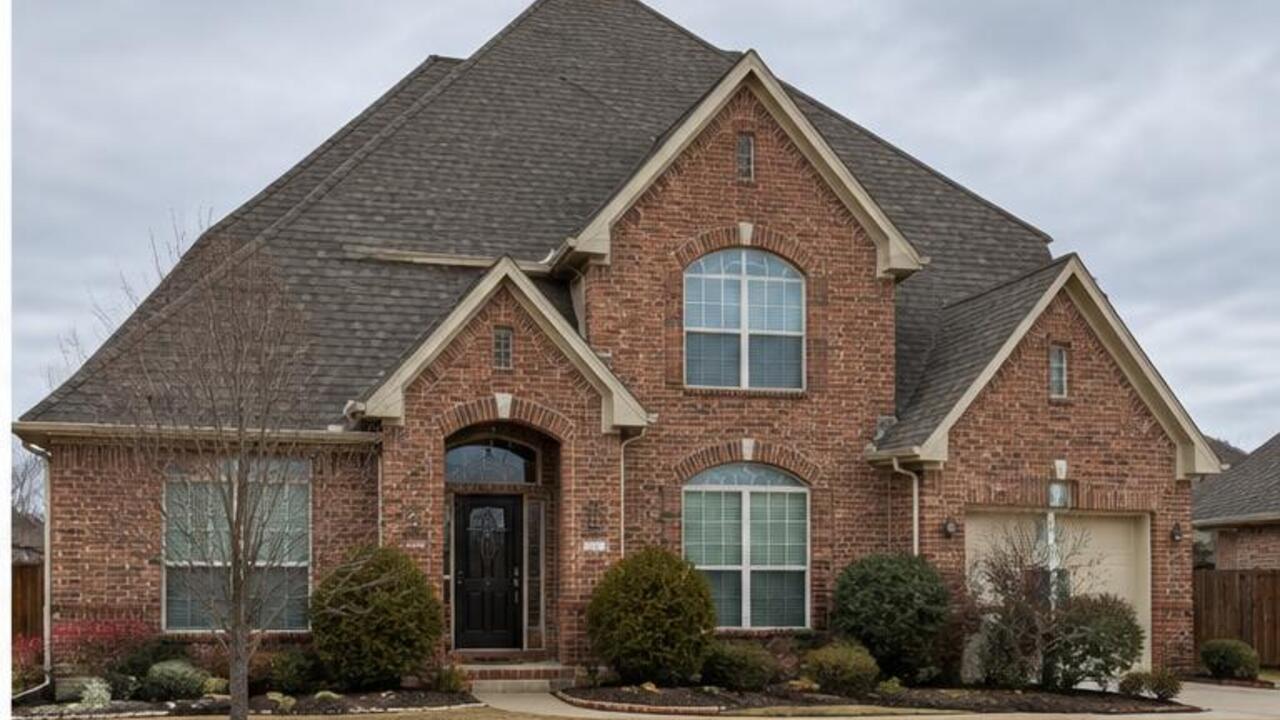 Two-story brick Edmond-area home with a steep gabled shingle roof