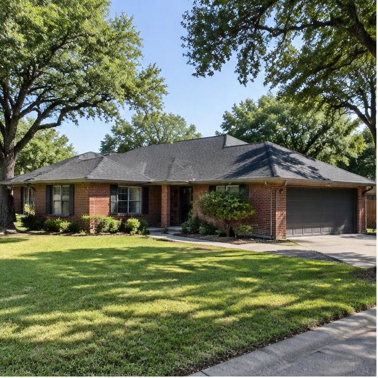 Edmond-area home example with brick or traditional siding, pitched roof and flat Oklahoma surroundings