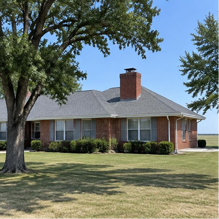 Edmond-area home example with brick or traditional siding, pitched roof and flat Oklahoma surroundings