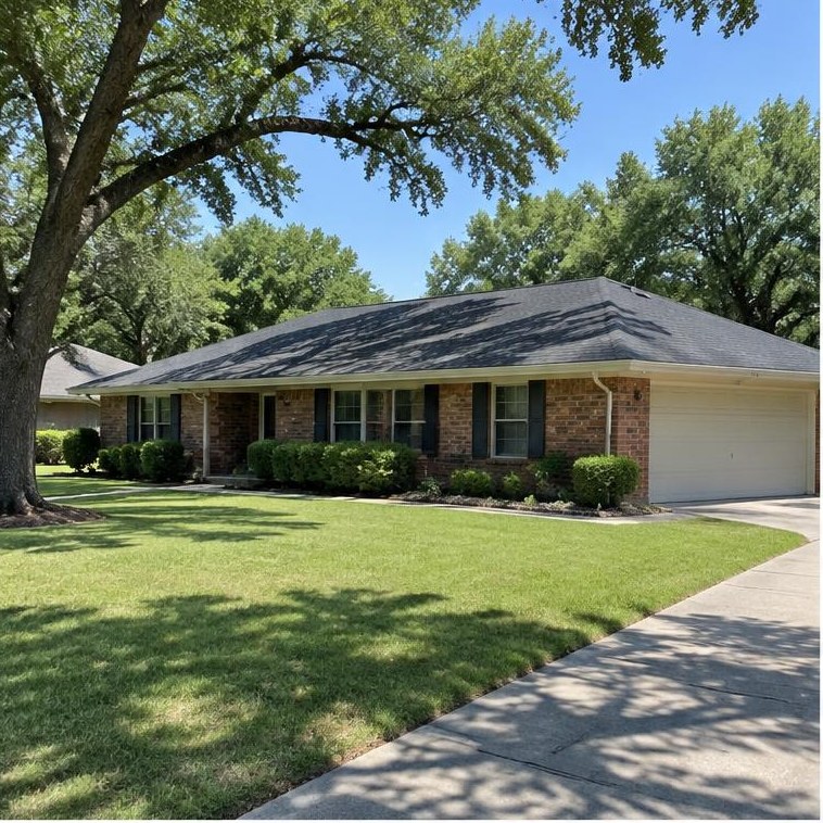 Edmond-area home example with brick or traditional siding, pitched roof and flat Oklahoma surroundings