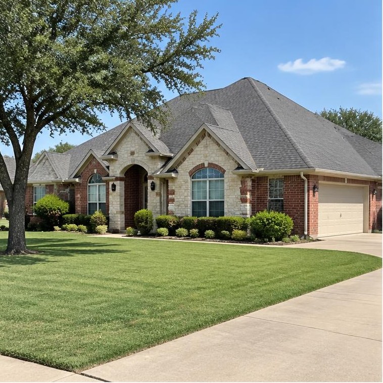 Brick ranch with a pitched asphalt shingle roof and flat Oklahoma surroundings
