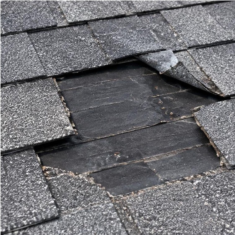 Creased and missing asphalt shingles