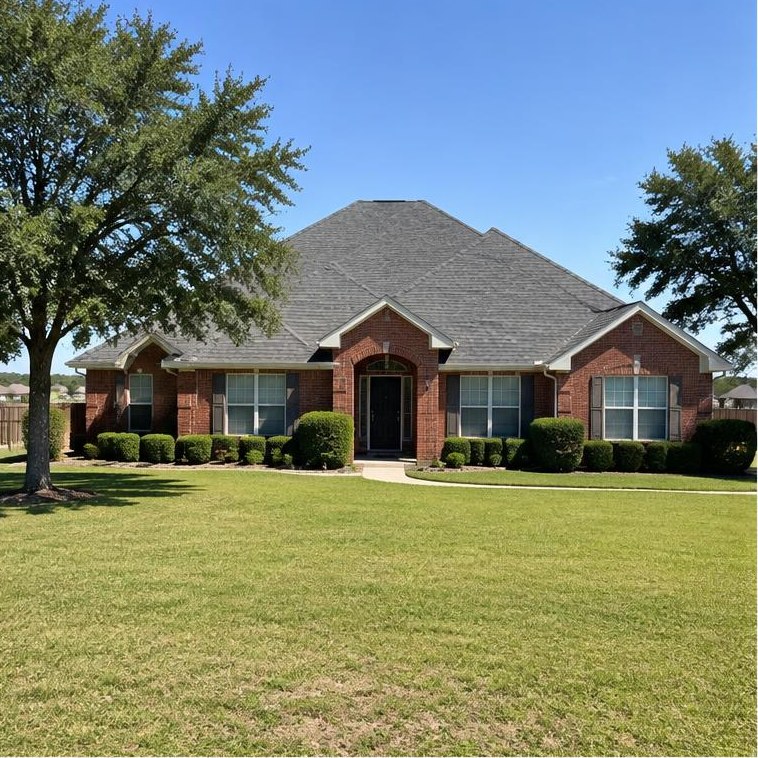 Edmond-area home example with brick or traditional siding, pitched roof and flat Oklahoma surroundings