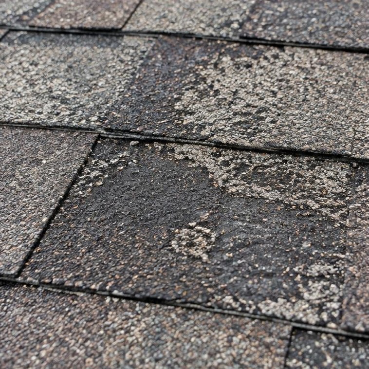 Worn asphalt shingles