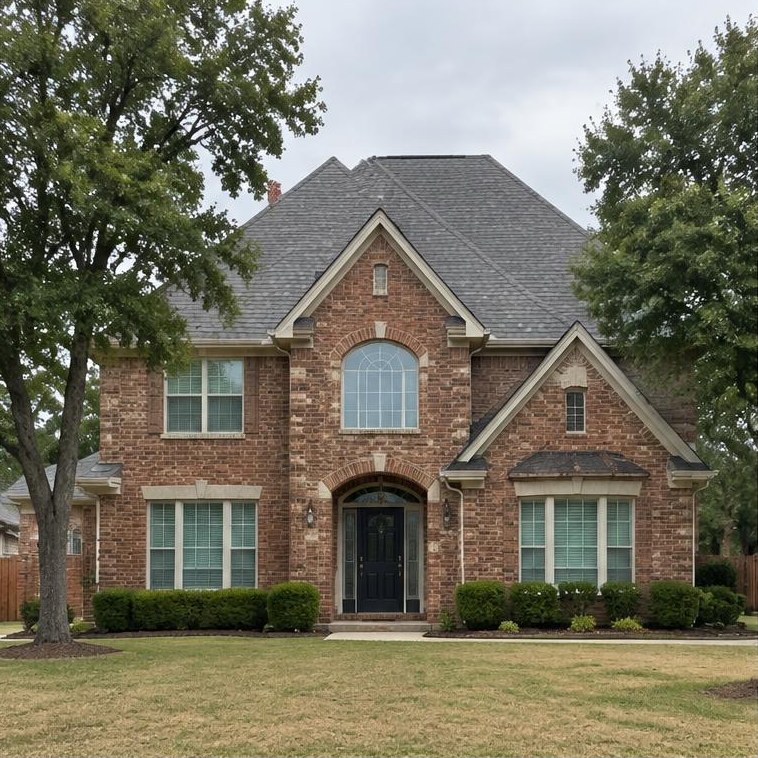 Edmond-area home example with brick or traditional siding, pitched roof and flat Oklahoma surroundings