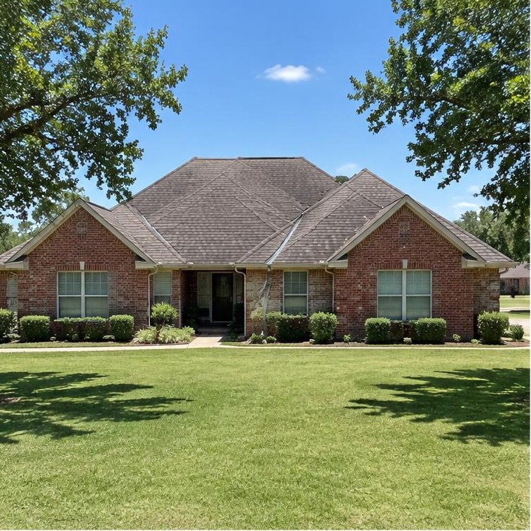 Edmond-area home example with brick or traditional siding, pitched roof and flat Oklahoma surroundings