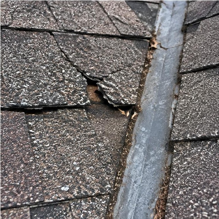Worn shingles along a valley