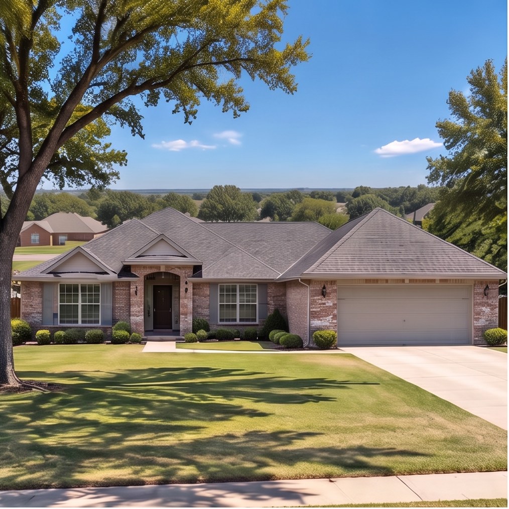 Edmond-area home example with brick or traditional siding, pitched roof and flat Oklahoma surroundings