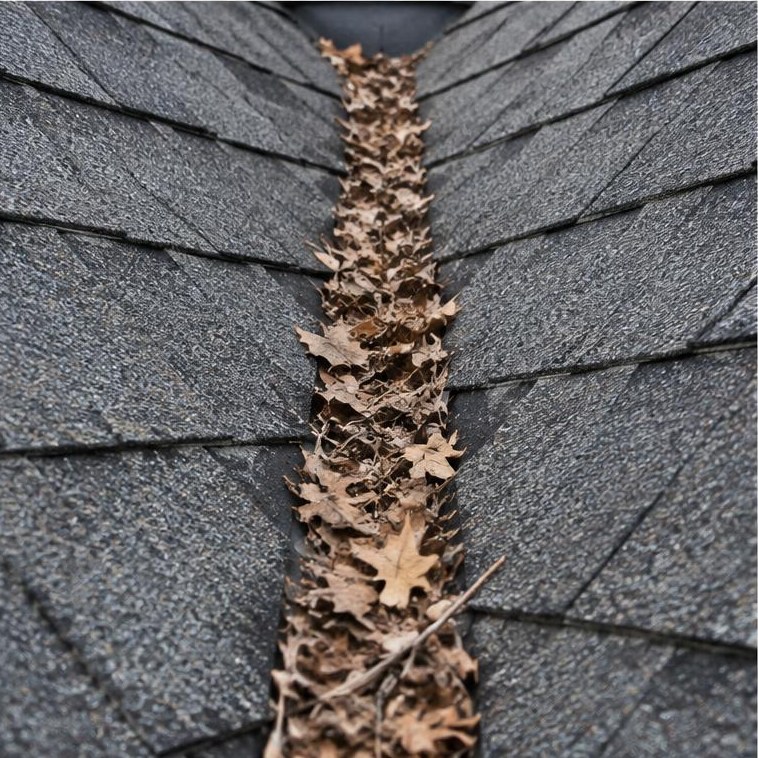 Leaves in a shingle roof valley