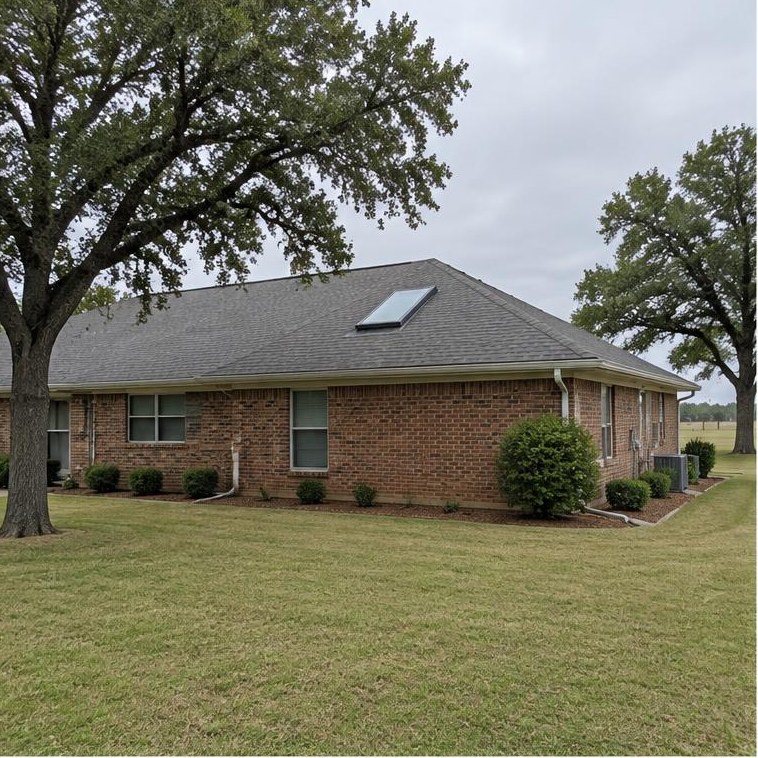 Edmond-area home example with brick or traditional siding, pitched roof and flat Oklahoma surroundings